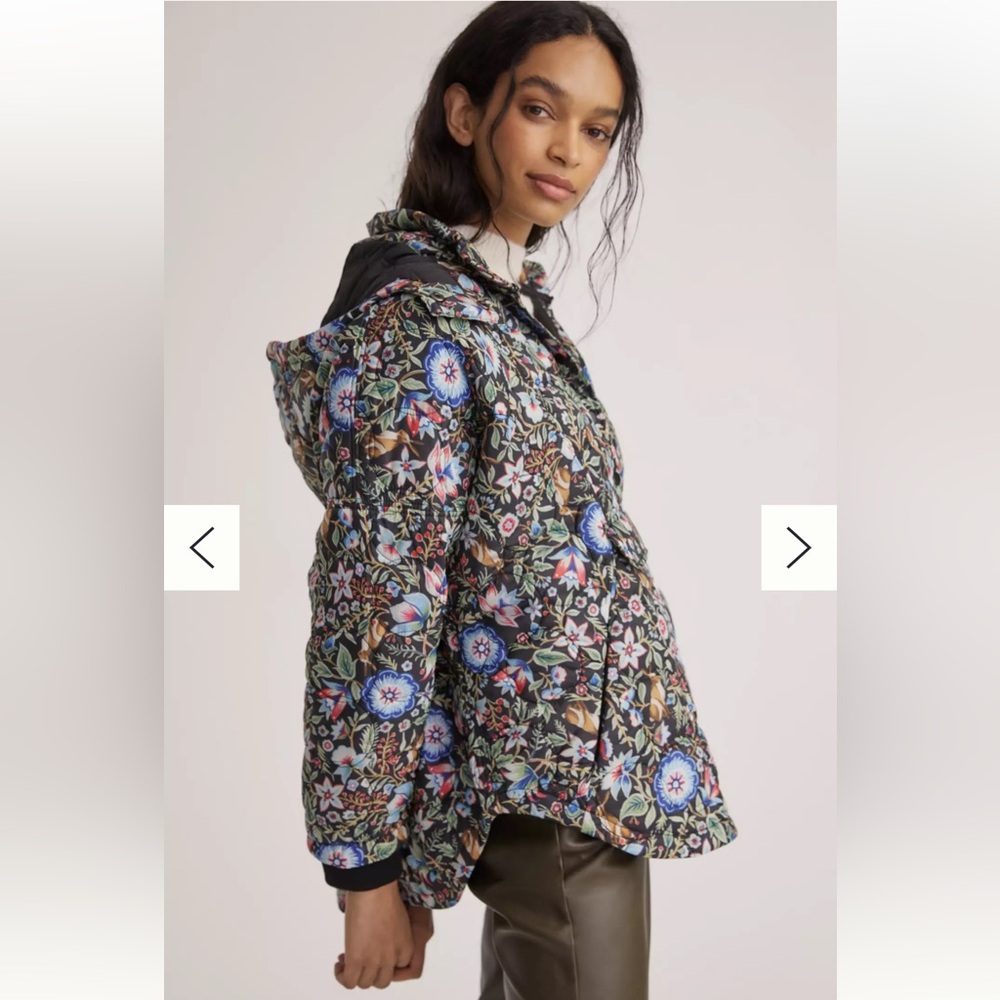 Maeve Floral & Bunny Printed Lightweight Puffer with Hood Size Small, Oversized